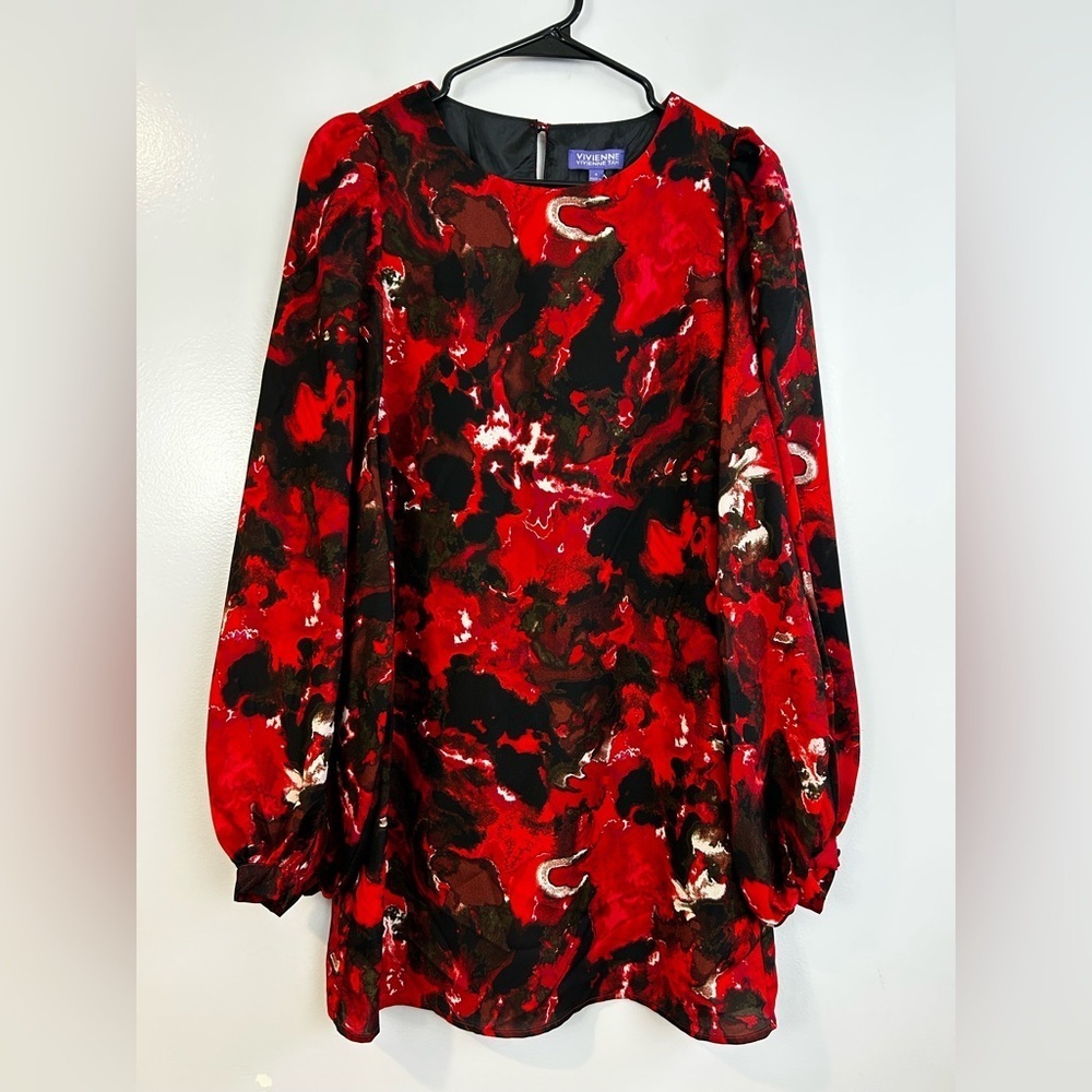 NWT Vivienne Tam Abstract Red Shift Mini Dress Long Balloon Sleeves Size 4